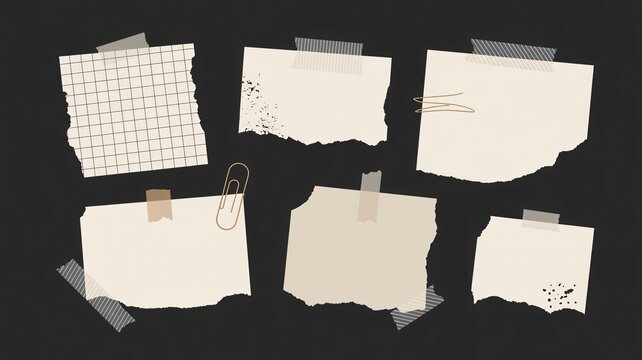 Here is a collection of torn paper scraps arranged on a dark surface. Several pieces are held in place by strips of semi-transparent tape.