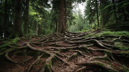 Stunning ancient forest floor covered in intricate tree roots, perfect for nature documentaries or conservation campaigns about wild spaces