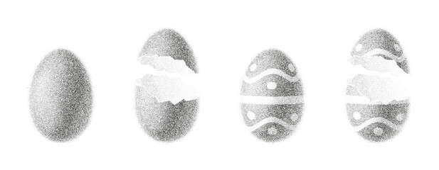 Set of Eggs with black dotwork grain texture. Easter eggs with holiday patter and gradient from dots isolated on white background. Vector eggs with abstract stipple sand effect.