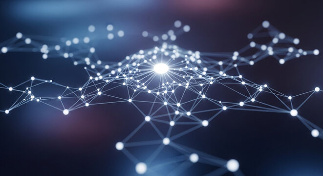 Abstract global network connections with glowing central hub, data stream - Powered by Adobe