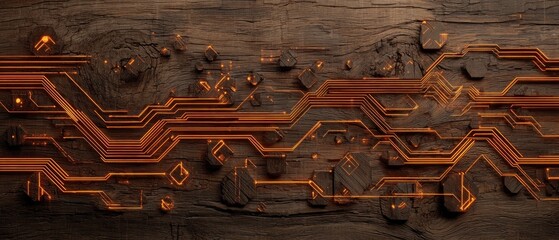 Abstract electronic circuit board design on a textured dark brown surface