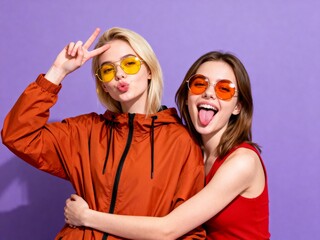 fun friendship portrait of two women posing and laughing in trendy eyewear