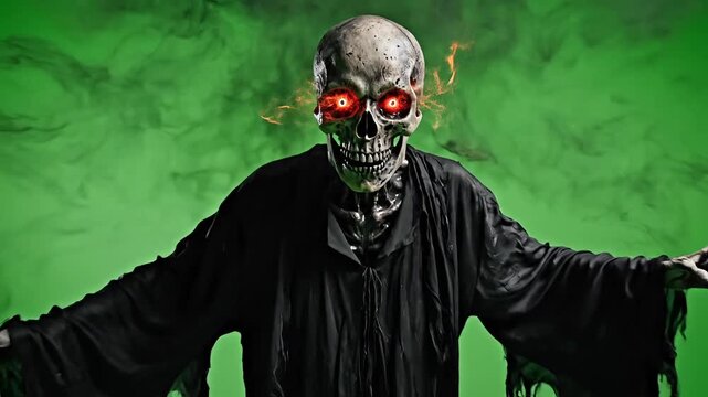 Terrifying specter rising with glowing red eyes and swirling dark smoke on vivid green screen, perfect for spooky season and eerie effects videos