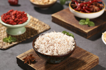 Dried Sea Shrimp Flakes with Asian Spices on Wooden Boards - Traditional Cooking Ingredients