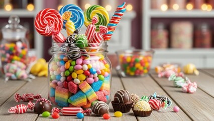 A captivating candy shop display showcasing a jar overflowing with colorful treats and sweets