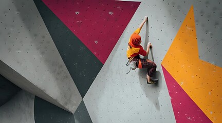 Muslim female climber wearing hijab ascending challenging indoor rock climbing wall with colorful geometric patterns - Powered by Adobe