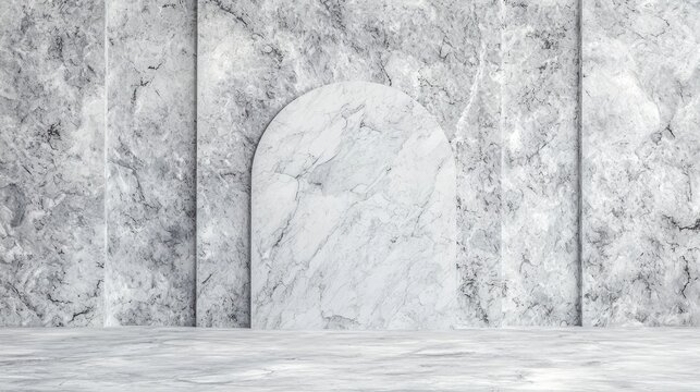 A minimalist white marble wall with a large oval panel in the center.
