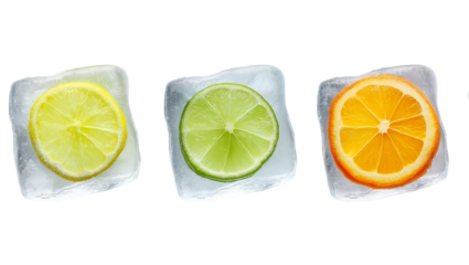 Citrus slices frozen in ice cubes isolated on a transparent background 1