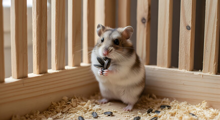 Cute Hamster Sitting Inside a Wooden Cage.