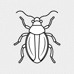 Simple outline drawing of a stylized beetle insect with six legs and prominent antennae rendered in a clean graphic style on a transparent background