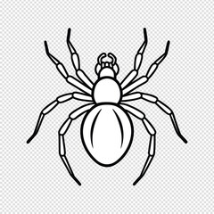 Striking black and white detailed line art illustration of a realistic spider with eight legs and a prominent rounded abdomen