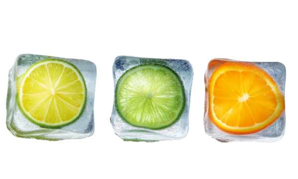 Citrus Slices Frozen in Ice Cubes isolated on a transparent background - Powered by Adobe