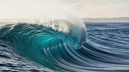 Captivating turquoise ocean wave cresting towards the shore under a tranquil sky