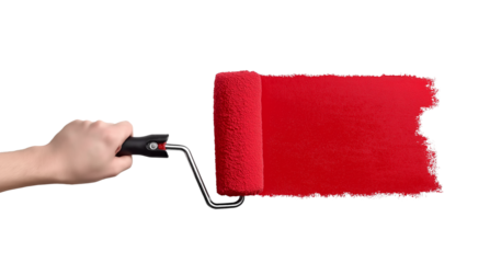 Hand holding paint roller with red paint stroke isolated on a transparent background
