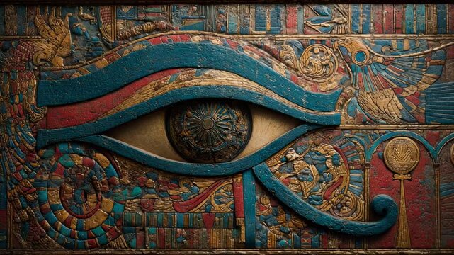 Intricate Egyptian Relief Carving Depicting the Eye of Horus, Ancient Symbolism, Cultural Heritage, Archeological Find, Rich Colors and Detailed Texture.