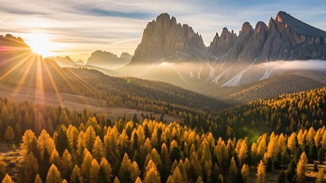 Epic golden hour drone flight over vibrant autumn larch forests