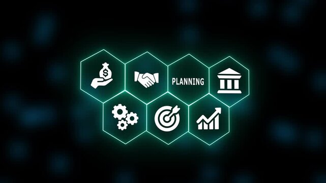 A futuristic neon hexagon interface showcasing icons symbolizing structured planning, organized workflow design, long-term direction, and systematic planning methods.