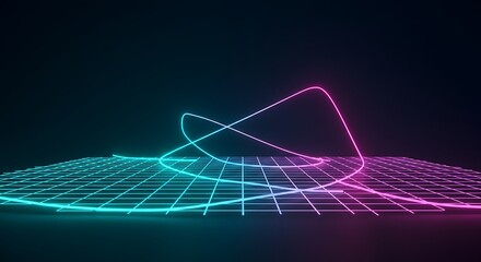 Neon glowing lines in cyan and pink, floating above a digital grid against dark backdrop