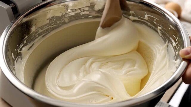 Close-up of creamy batter being mixed in a stainless steel bowl with a wooden spoon.