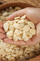 Fresh Blanched Almonds in Hands - Healthy Organic Nuts and Natural Food Ingredients