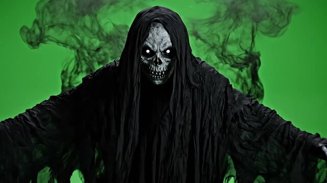Grim reaper levitating on green screen for spooky Halloween projects and horror visuals, adding eerie suspense and supernatural elements to your scene