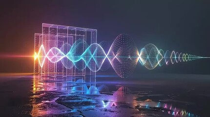 A vibrant, abstract digital waveform emanates through geometric frames, reflecting dazzling neon light on a dark, wet surface, illustrating data, sound, or energy in a futuristic concept. - Powered by Adobe