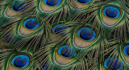 Obraz premium Closeup image of peacock feathers iridescent with blue and green