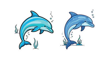 Fototapeta premium Two playful dolphins swimming together in a vibrant ocean environment with aquatic plants and bubbles