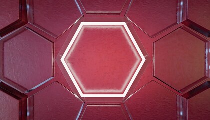 Abstract futuristic hexagonal grid with glowing central element in red hues.
