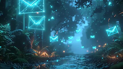 Ethereal digital email envelopes float along a mystical forest path at twilight, blending technology with a serene, magical natural environment. - Powered by Adobe