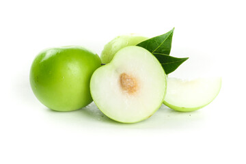 Fresh Green Taiwan Milk Jujubes Guifei Fruit with Leaves on White Background