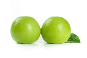 Fresh Green Taiwan Jujube Fruits Guifei Variety Crisp Sweet Asian Dates with Leaf on White Background