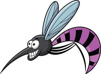 Funny cartoon mosquito character with big eyes, long proboscis and colorful striped body for kids illustrations, education materials and playful designs