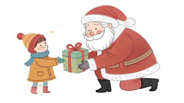 Cute Santa Claus Giving Christmas Gift to Little Girl Illustration
