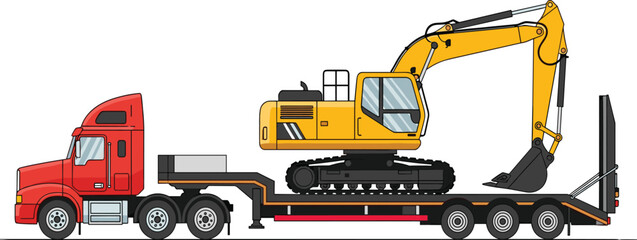 Fototapeta premium Illustration of excavator loaded on heavy transport truck trailer for construction equipment hauling, industrial machinery transport, logistics, engineering, and road work operations