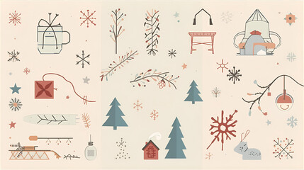 A collection of festive winter illustrations featuring snowflakes, trees, and seasonal elements.