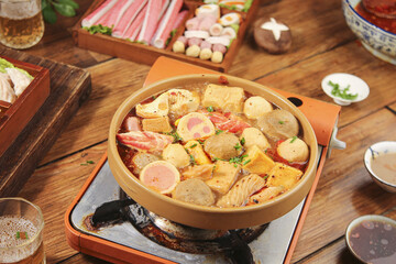 Hot Pot Shabu Shabu with Meatballs and Fresh Ingredients for Asian Dining