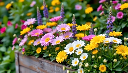 Colorful Garden Blooms Rustic Wooden Planter