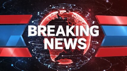 Breaking news graphic with glowing red earth globe and abstract digital background for urgent broadcast