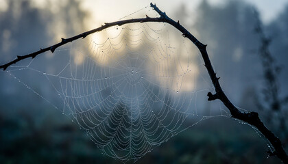 Macro Photograph of a Fake Spiderweb on a Branch, Covered in Morning Dew, Detailed Texture.