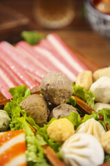 Hot Pot Ingredients with Meatballs and Fresh Vegetables for Shabu Shabu Asian Cuisine