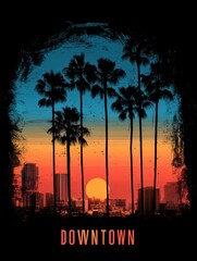 downtown slogan with palm beach sunset sky on black background no logos no brands ar 34