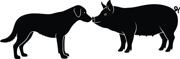 Dog and Pig Silhouettes Touching Noses in a Friendly Interaction, Black and White Farm Animals Vector Graphic for CAD Drawing, Flat Design and Veterinary Use.