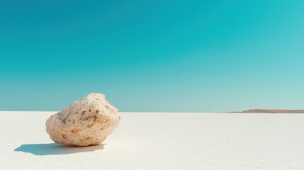 A large, light-colored rock sits in a vast, flat desert landscape under a clear blue sky.