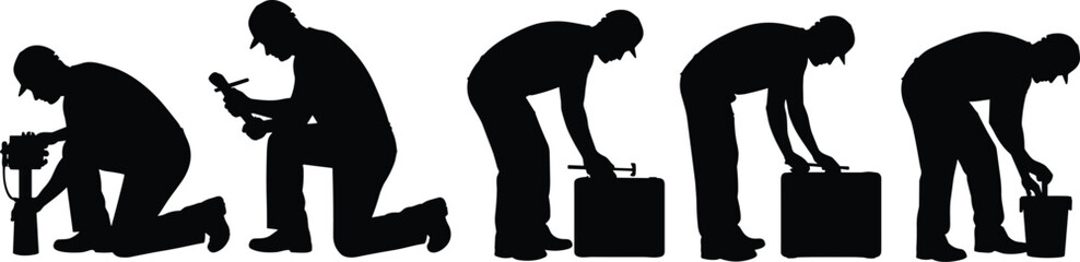 Sequence of Worker Silhouettes in Safety Hard Hat Performing Tasks like Drilling, Inspecting, and Handling Equipment, CAD Drawing and Flat Vector Illustration Set.