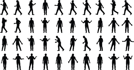 Black Silhouette Grid of 35 Human Figures in Walking and Standing Poses for Motion Study, Animation, and Gesture Design