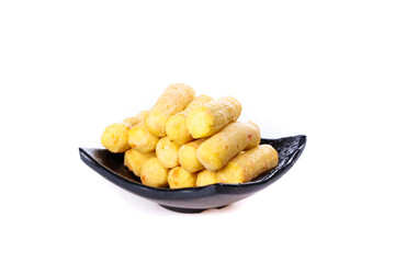 Golden Fried Potato Balls and Other Delicacies in Black Bowl - Asian Hotpot Ingredients Variety