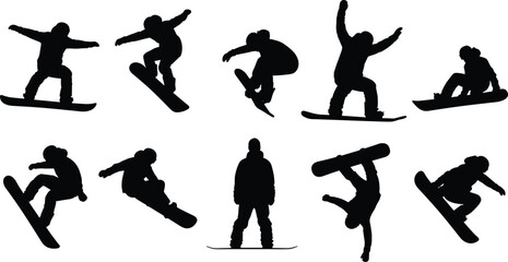 Snowboarder silhouette collection, dynamic trick poses, winter sport action icons, black white vector set, cad drawing flat vector illustration