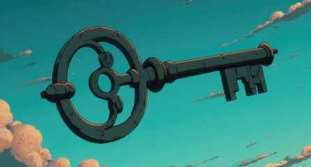 Antique Key Floating in Sky.