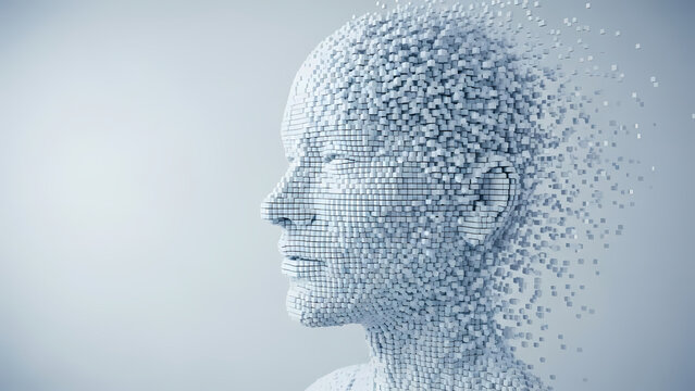 A digital representation of a human face dissolving into pixels, symbolizing artificial intelligence, technology, and the future of humanity.